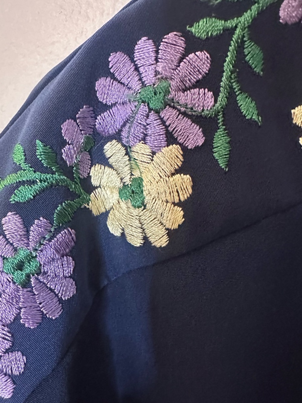 Vintage Maggie Sweet Floral Embroidered Navy Button Down Top, Large